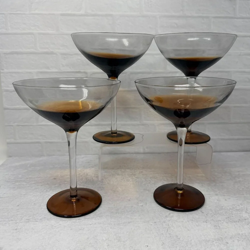 Set 4 Pier 1 Elemental Amber Brown Smoke Hand Blown Coupe Cocktail Glasses